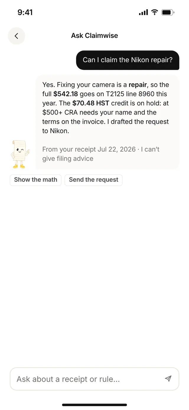 Claimwise app screen: assistant