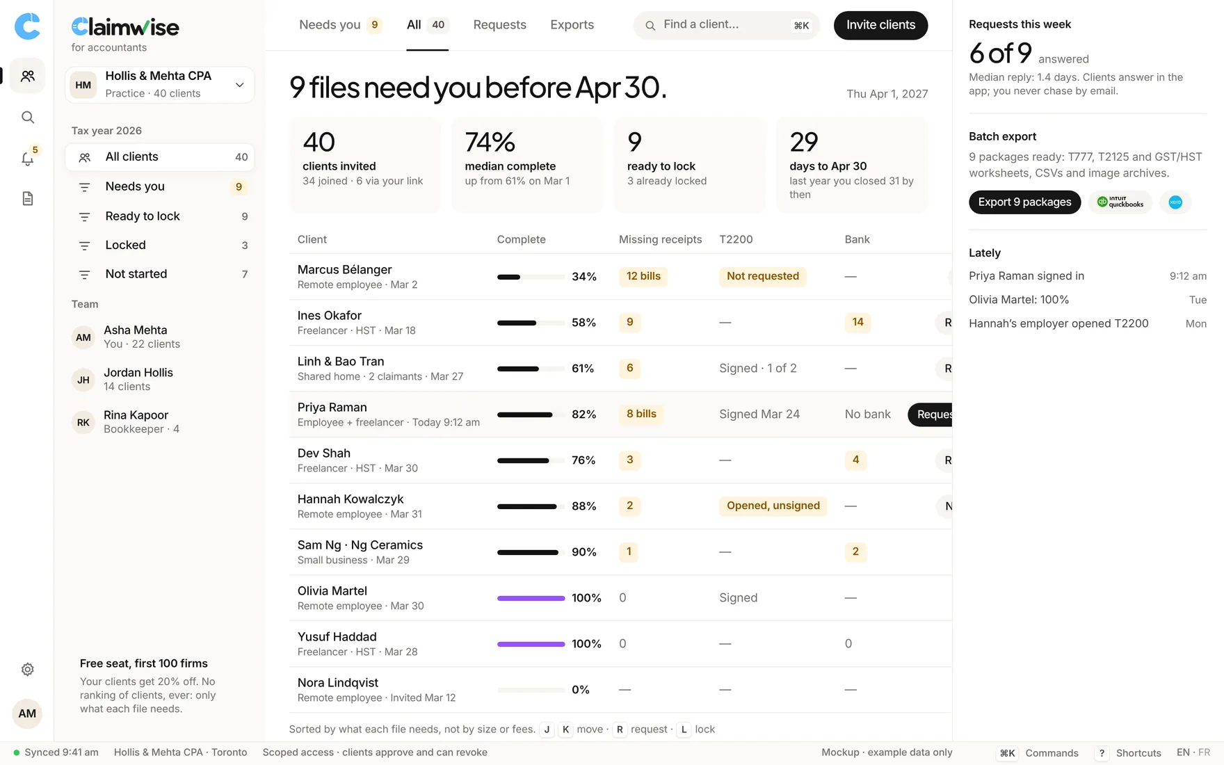 Claimwise app screen: cpa clients